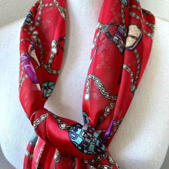 Fun Red Scarf 60" x 13" Striped Satin Sheer Decor Purses Chains Boots Hats - Picture 8 of 11